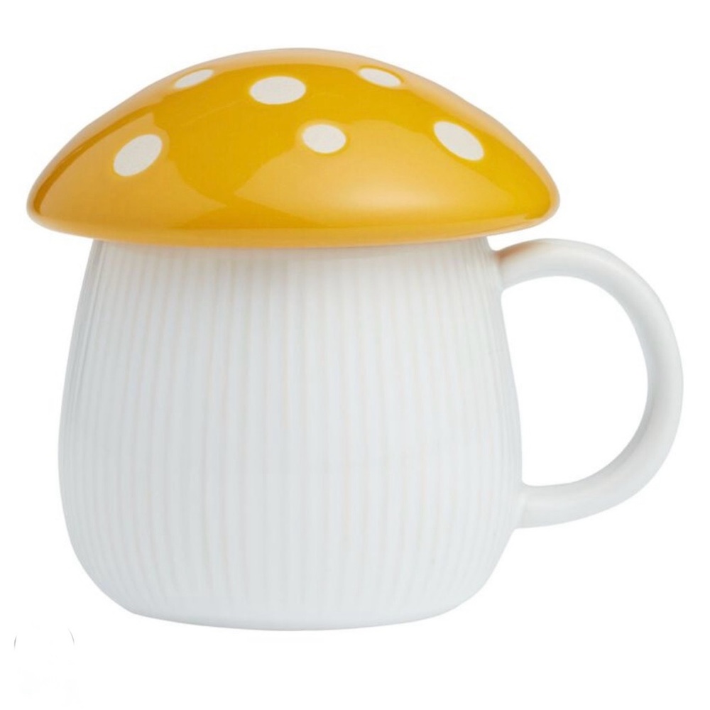 Cost Plus World Market Exclusive Yellow & White Lidded Ceramic Mushroom Mug